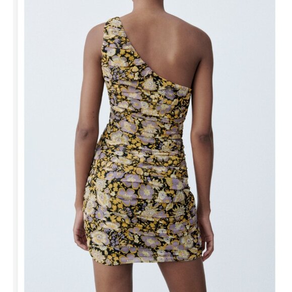 ZARA One Shoulder Mini Dress Draped  Floral Yellow Metallic Cocktail - Picture 2 of 11